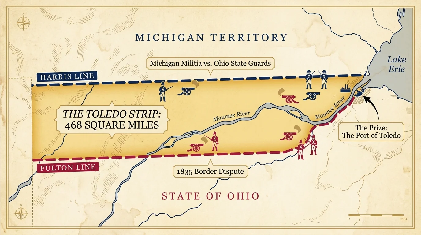 A historical-style map diagram showing the disputed 'Toledo Strip' between Michigan and Ohio.