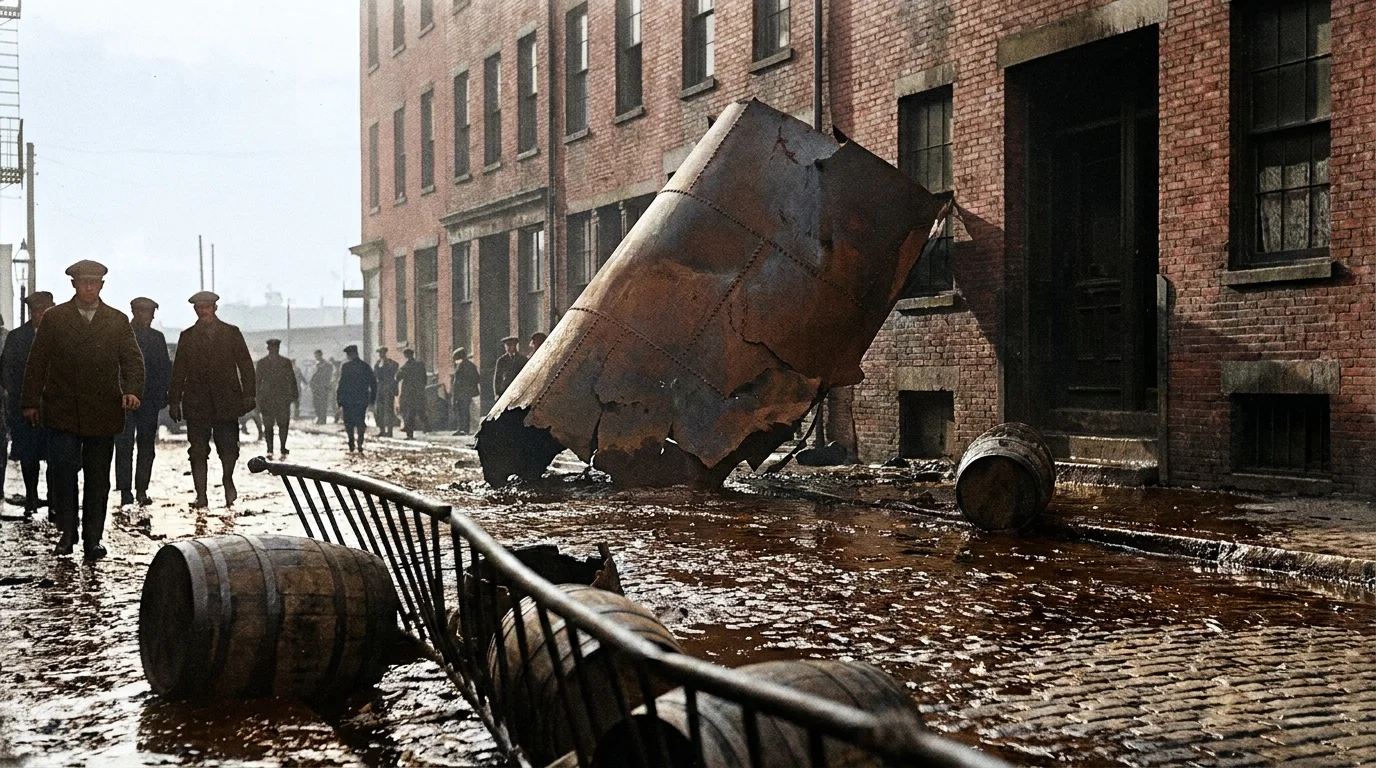 A historical-style photo of the 1919 Boston Molasses Flood showing a ruptured metal tank and thick syrup covering a city street.