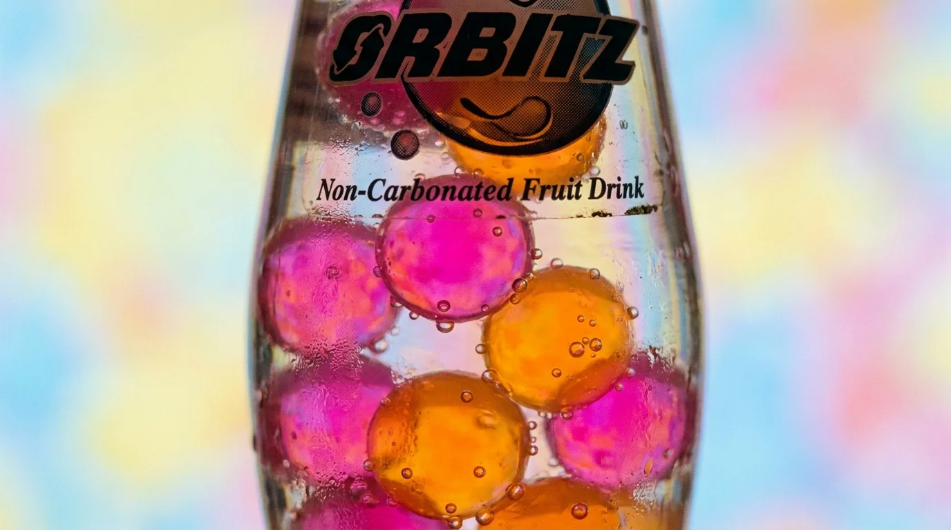 A macro photo of Orbitz soda showing the brightly colored gelatinous balls suspended in clear liquid.