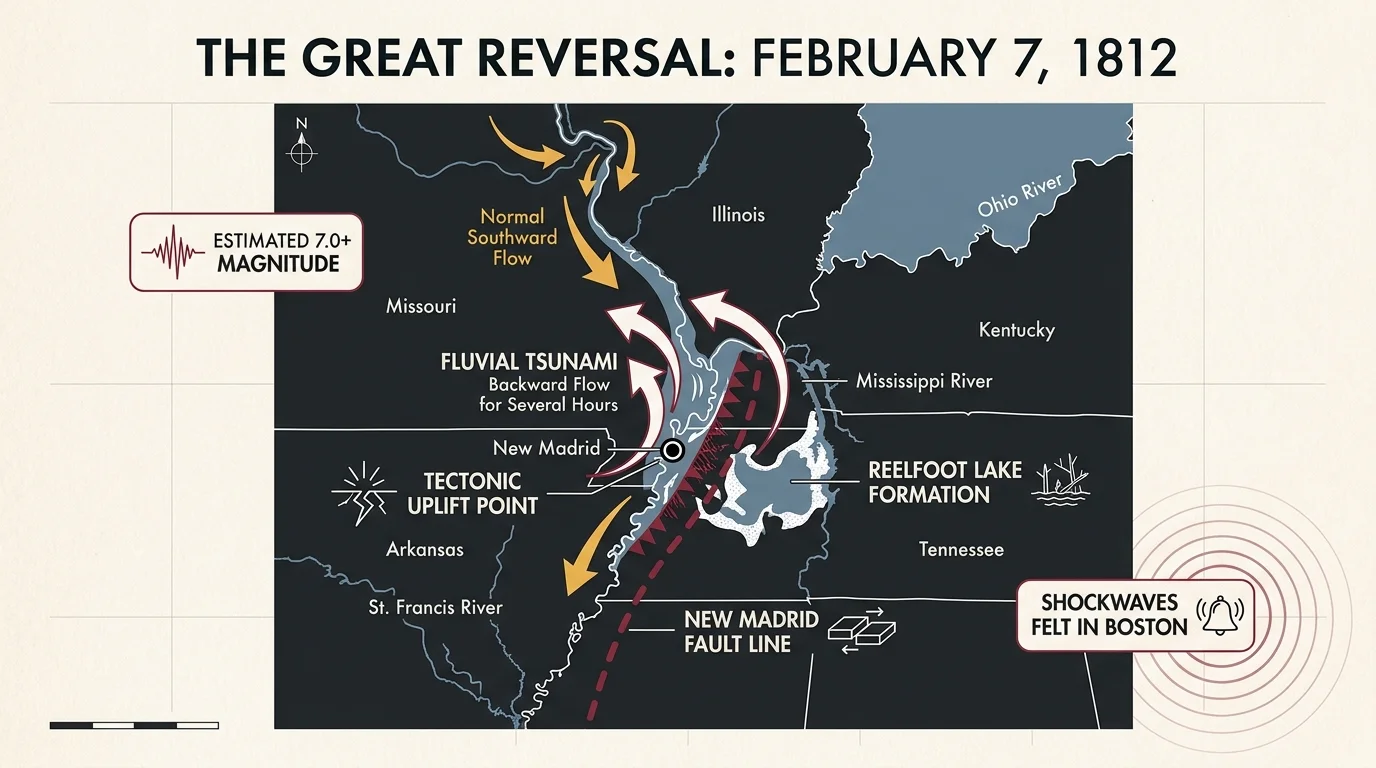 A map-based diagram showing how the 1812 New Madrid earthquake caused the Mississippi River to flow backward.