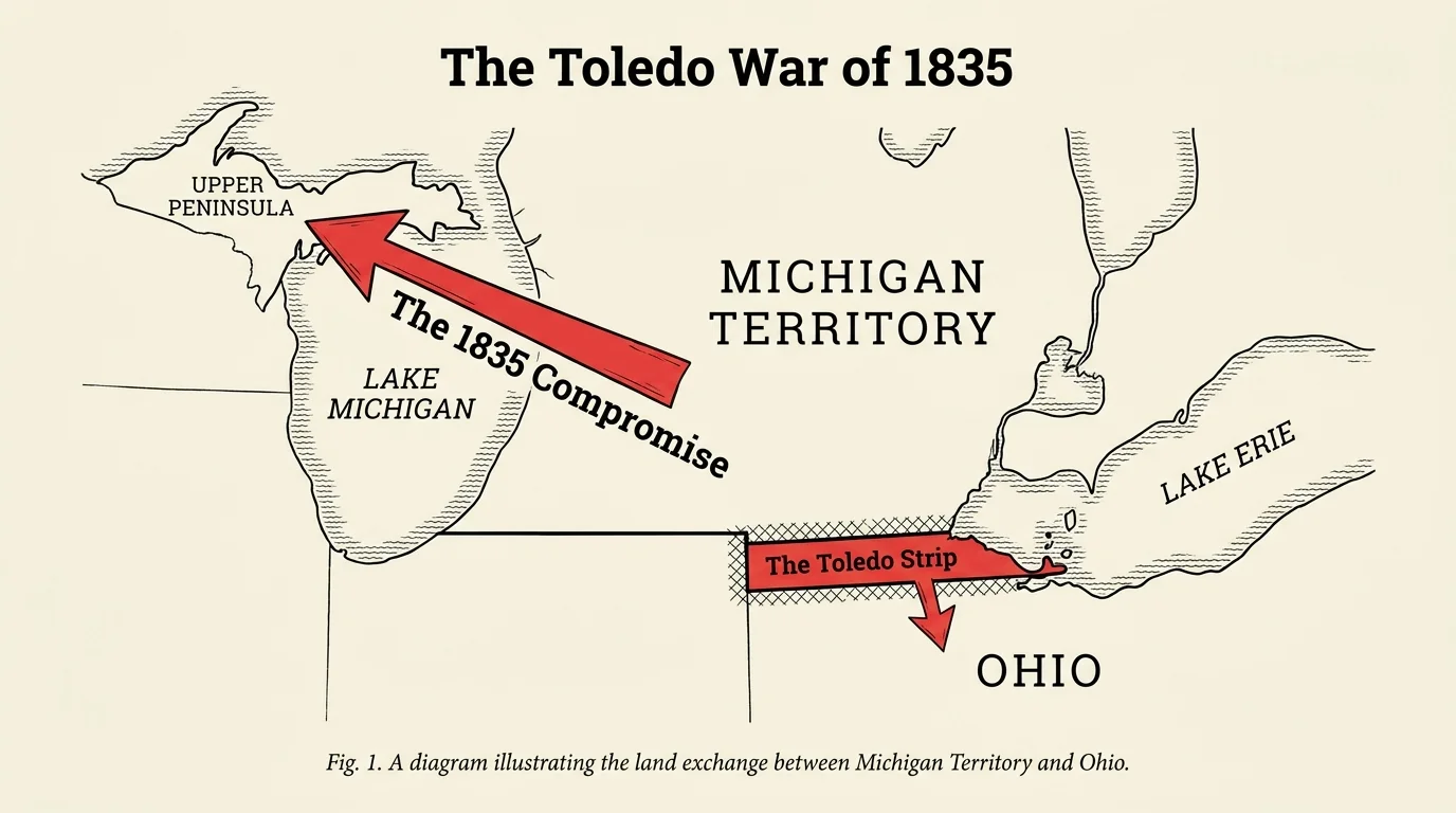 A map diagram showing the Toledo Strip dispute between Michigan and Ohio and the resulting land compromise in 1835.