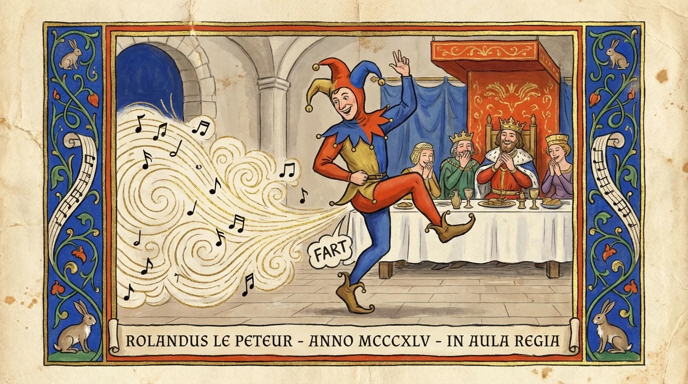A medieval illuminated manuscript style illustration of a professional flatulist performing for a laughing king.