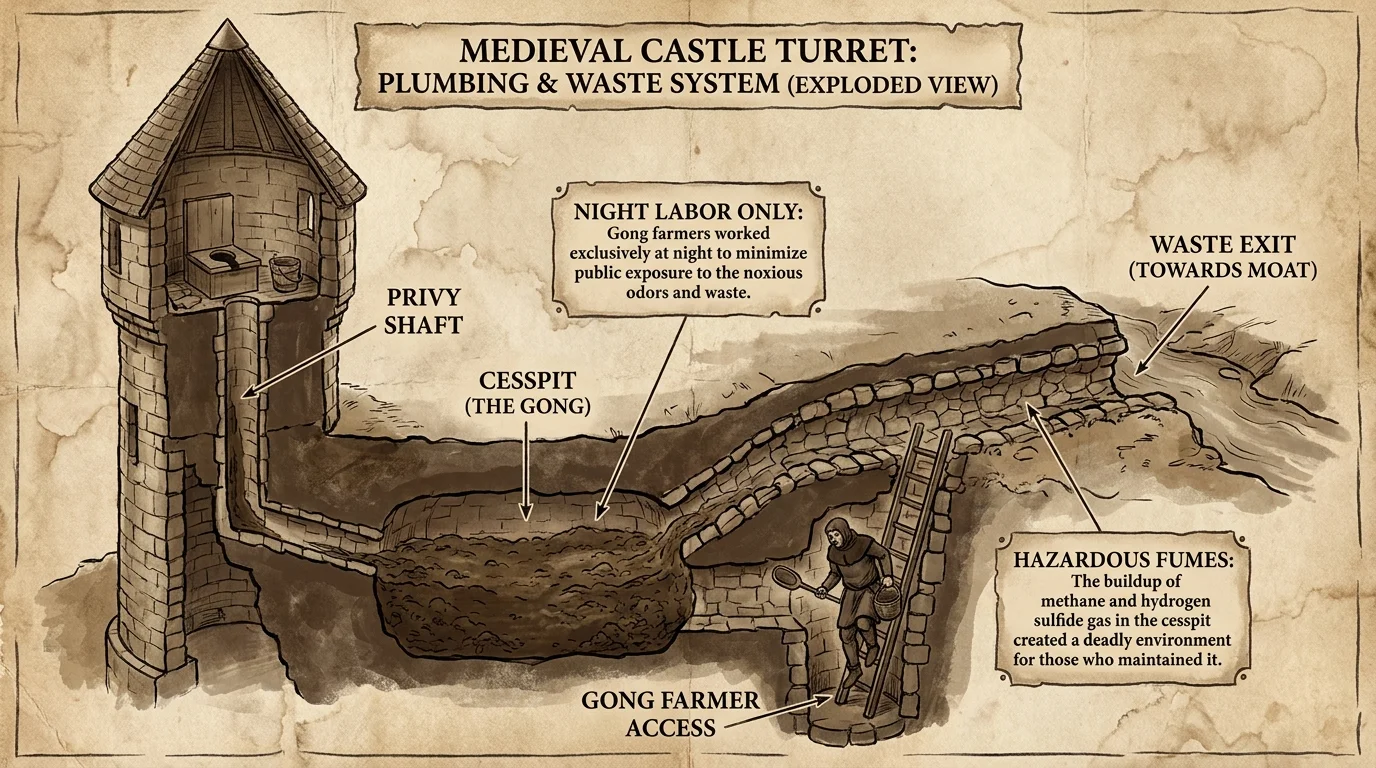 A medieval-style diagram showing the cross-section of a castle privy shaft and the cesspit where a gong farmer works.