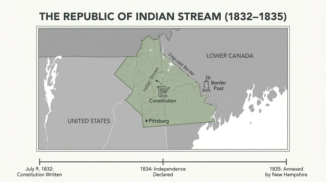 A minimalist map and timeline diagram of the short-lived Republic of Indian Stream in New Hampshire.
