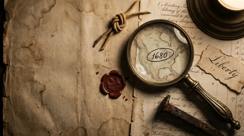 A mixed media collage of historical artifacts including a magnifying glass, old maps, and a deerskin knot on weathered parchment.