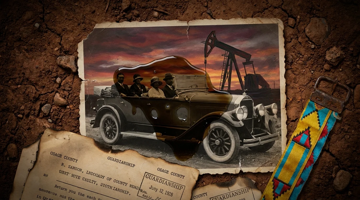 A mixed media piece combining 1920s Osage family photos, oil derricks, and legal documents with charred edges.