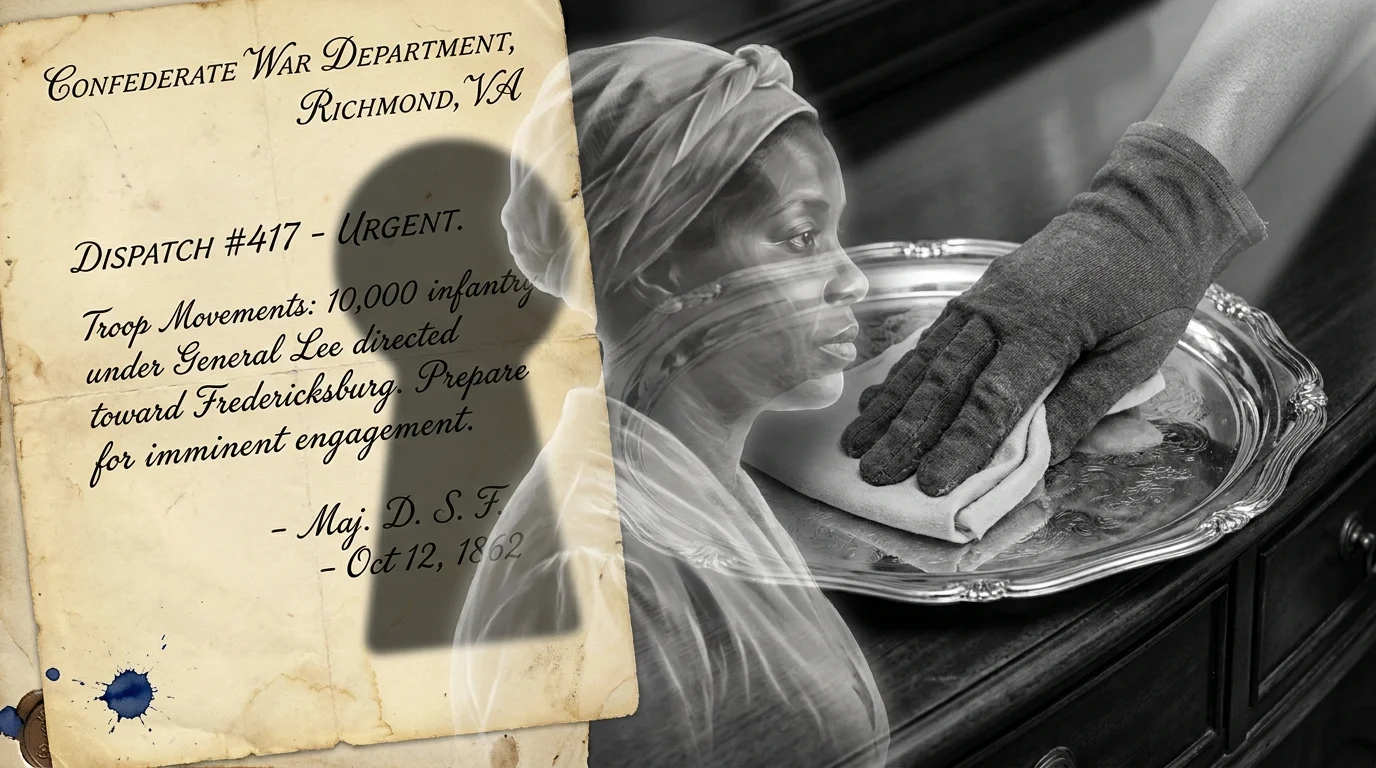 A mixed media piece showing a servant's hand next to a secret Confederate war dispatch, symbolizing Mary Bowser's role as a spy.
