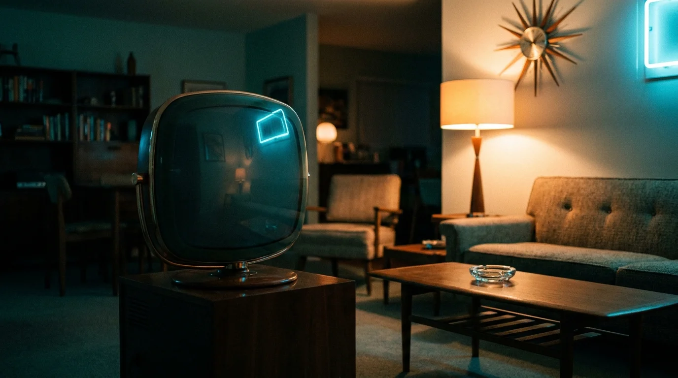 A moody 35mm photo of a Philco Predicta television in a dark mid-century living room.