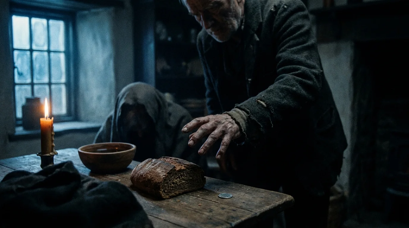 A moody 35mm photo of bread, ale, and a sixpence coin on a table, as a shadowy figure reaches out to perform a sin-eating ritual.