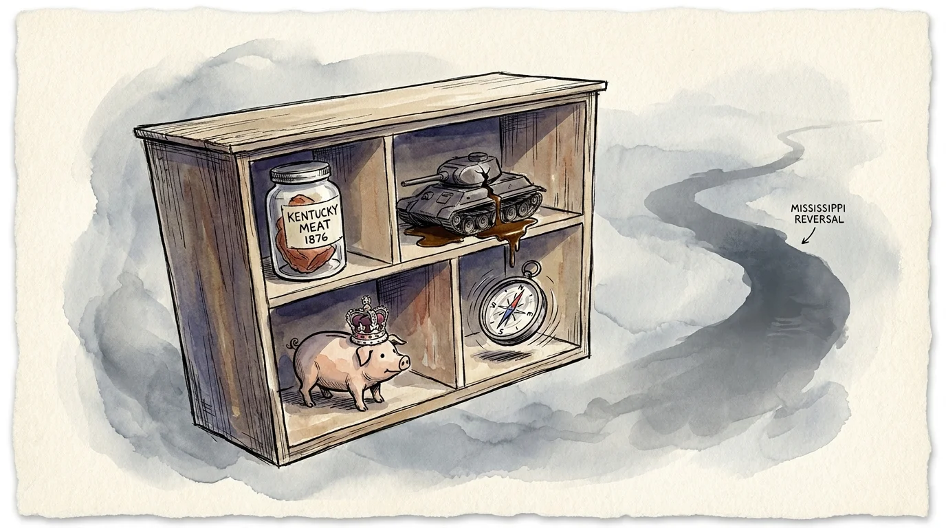 A New Yorker style ink and watercolor illustration of a cabinet of curiosities containing artifacts from bizarre American historical events.