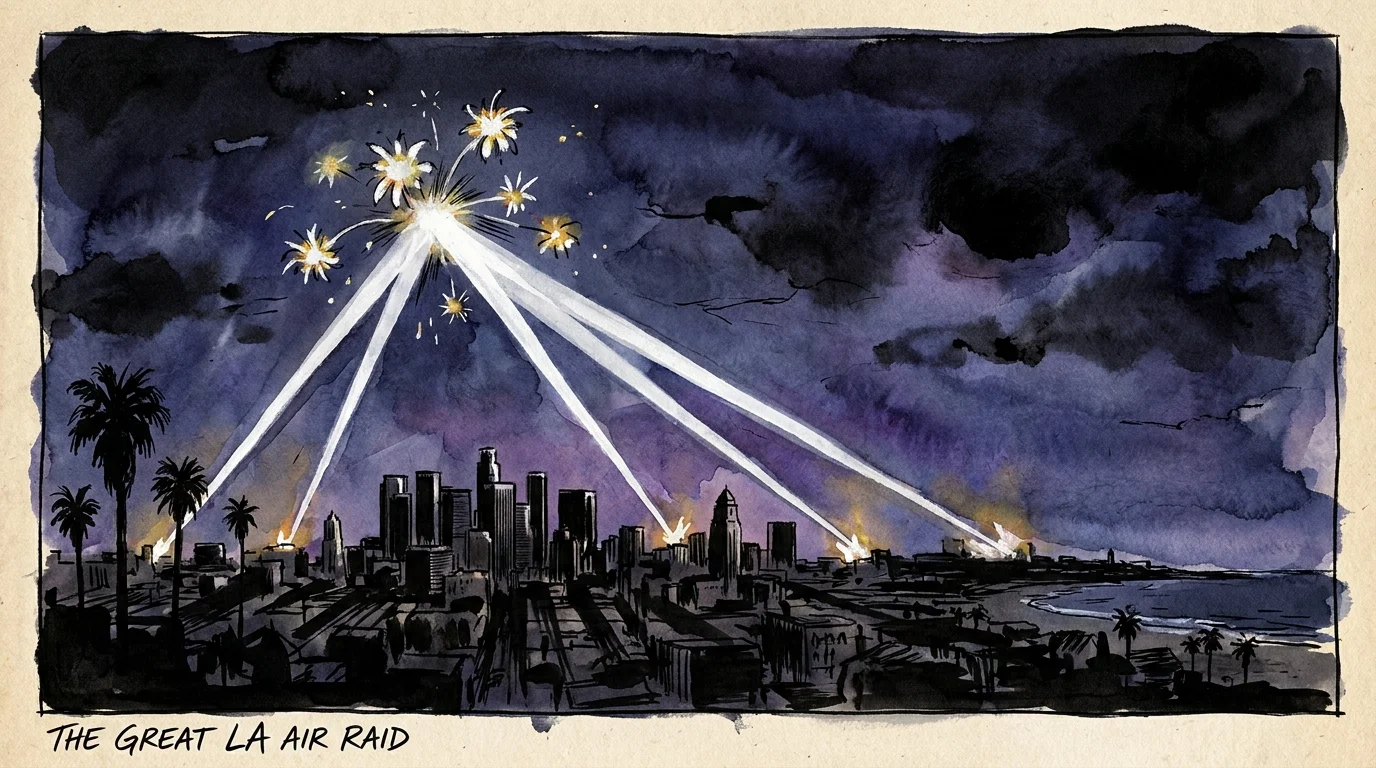A noir-style illustration of searchlights crossing in the night sky over Los Angeles during the 1942 air raid scare.