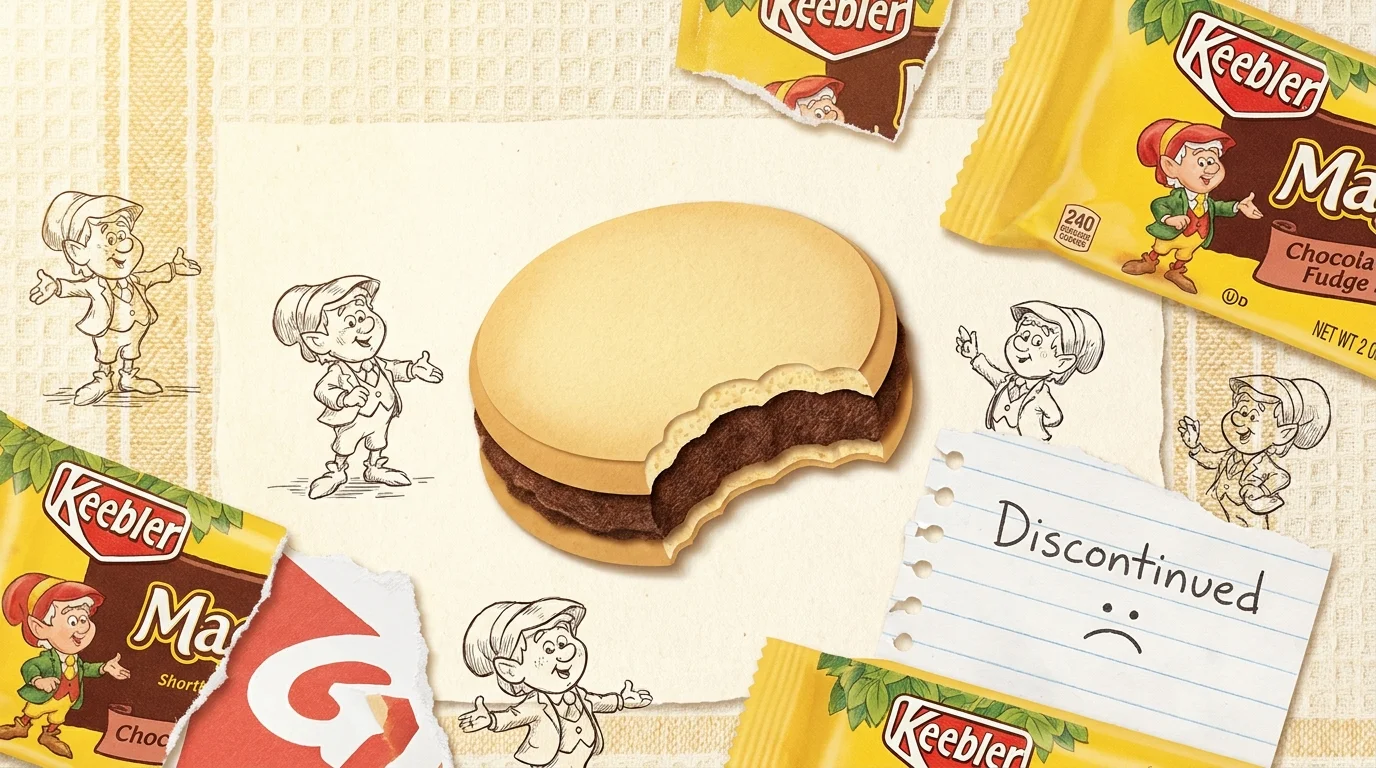 A nostalgic paper-craft collage of a shortbread cookie with a fudge center and Keebler branding elements.