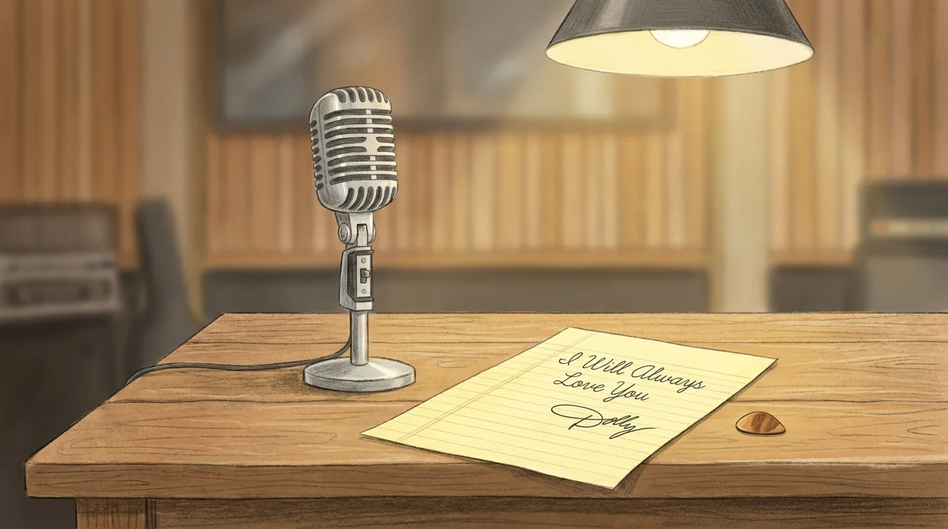 A pencil and gouache drawing of a handwritten letter titled 'I Will Always Love You' signed by Dolly on a wooden desk.