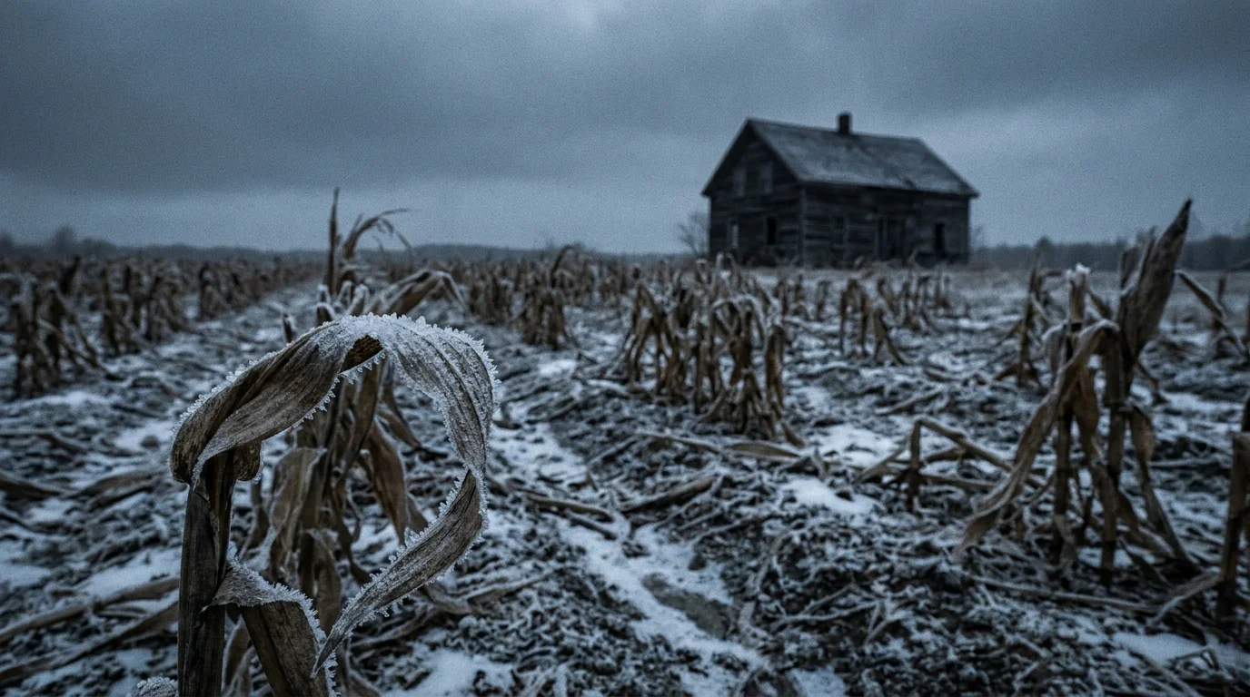 A photograph of a frozen, dead cornfield in the middle of summer, illustrating the climate collapse of 1816.