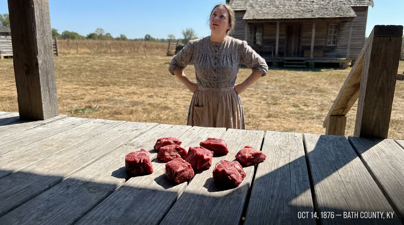 A photograph of raw meat chunks scattered on a wooden porch under a clear blue sky, depicting the 1876 Kentucky Meat Shower.