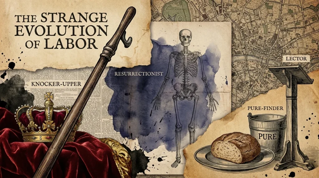 A sophisticated mixed media collage featuring historical artifacts like a crown, a long pole, and old medical diagrams on aged parchment.