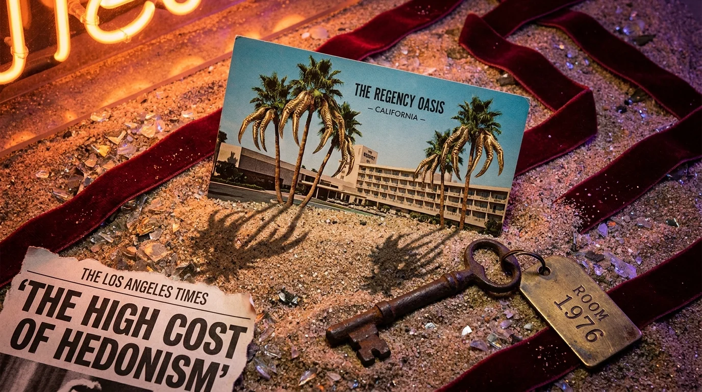 A surreal collage featuring a luxury hotel postcard, a skeleton key labeled 1976, and palm trees with golden claws.