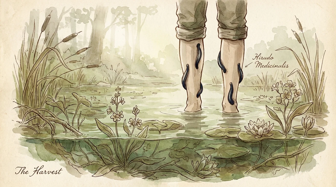 A watercolor illustration of a person's legs in a marshy pond with leeches attached, in a botanical art style.
