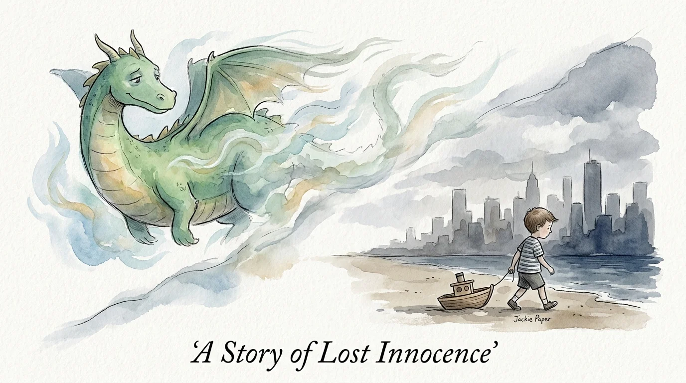 A watercolor illustration of a young boy walking away from a fading, friendly dragon toward a gray city.