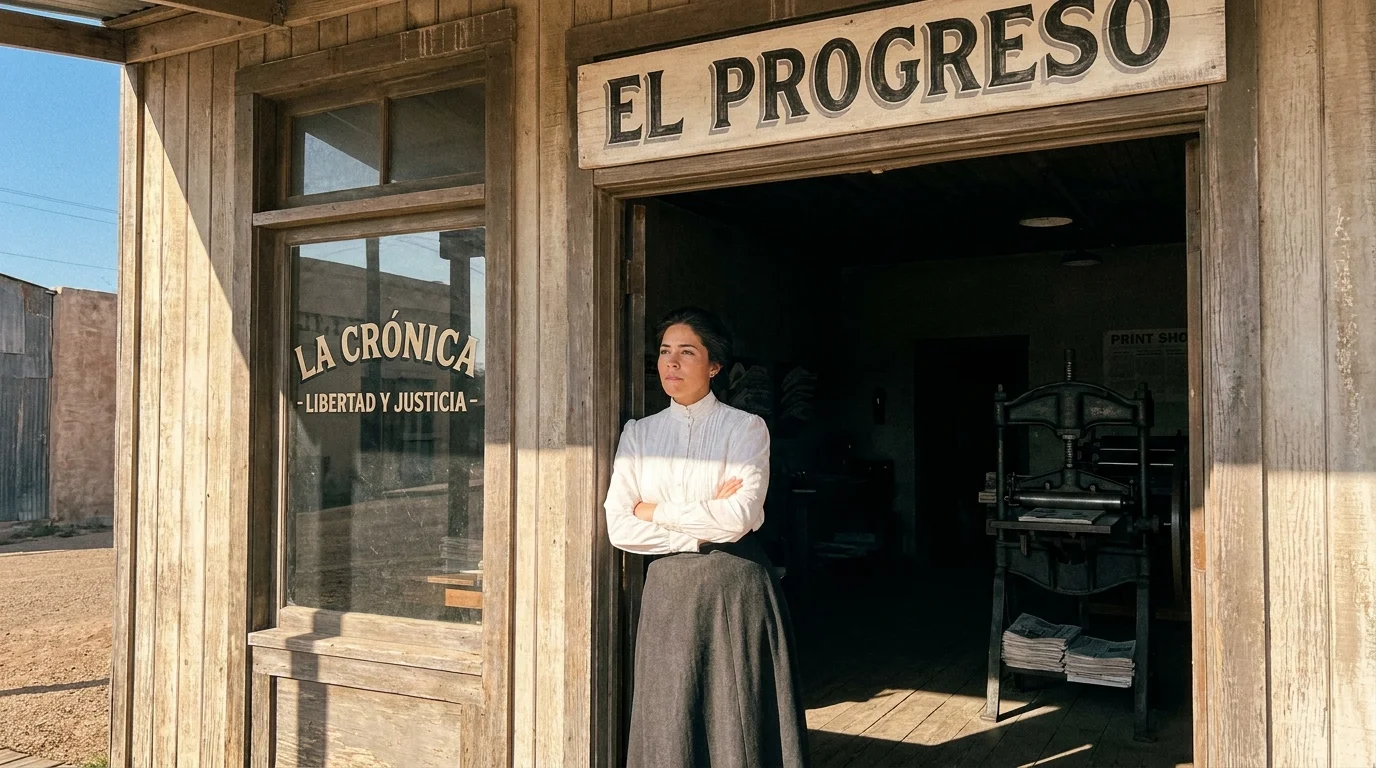A woman portraying Jovita Idar stands defiantly in the doorway of her newspaper office in Laredo, Texas.