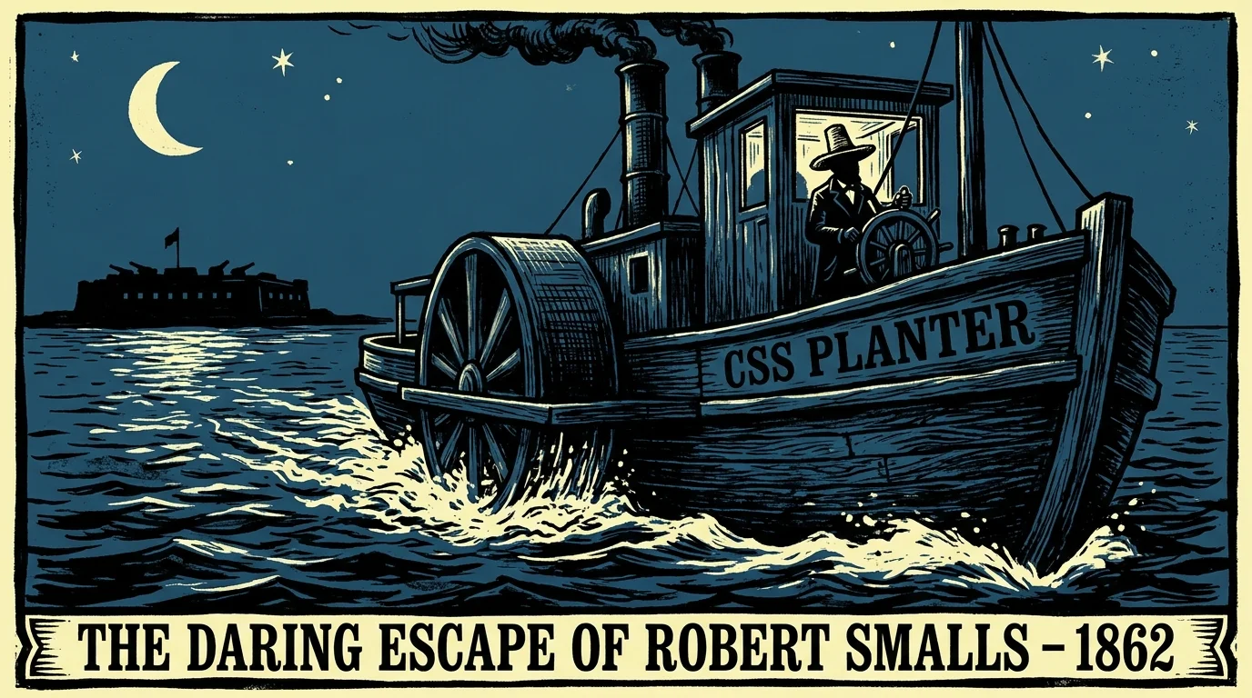 A woodcut-style illustration of the steamship CSS Planter escaping Charleston Harbor under a crescent moon.