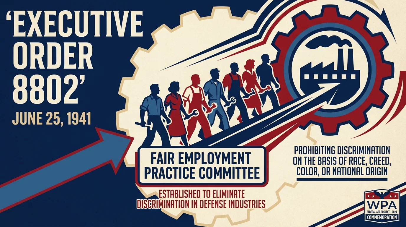A WPA-style infographic with silhouettes of workers and the text of Executive Order 8802 from 1941.