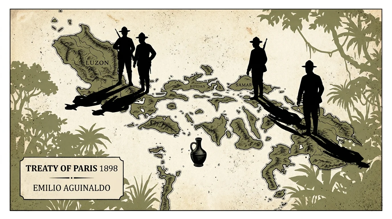 An antique-style map of the Philippines with silhouettes of 1899 soldiers and labels for the Treaty of Paris.