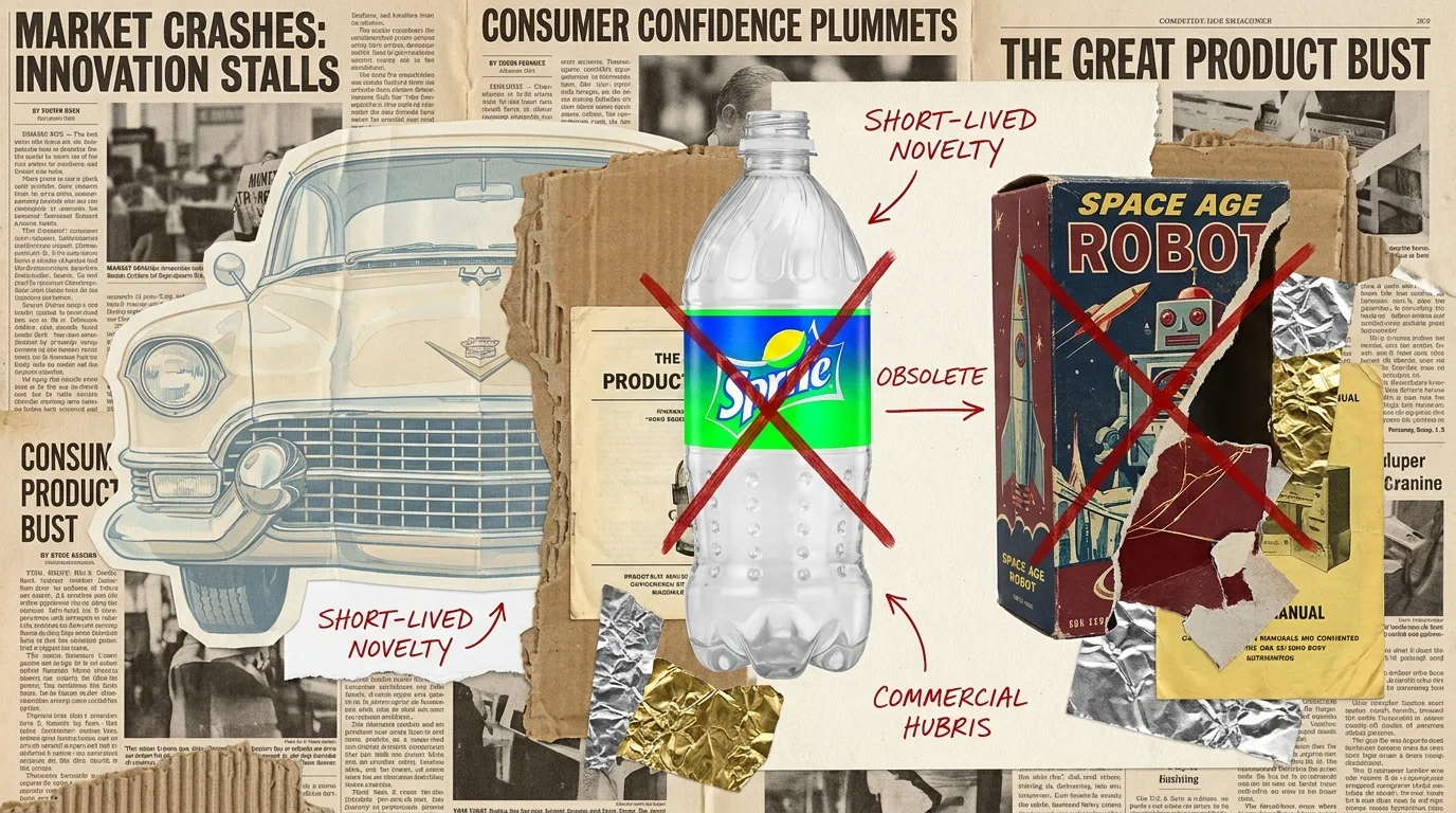 An editorial collage of fragmented vintage products and newspaper clippings representing failed American consumer brands.
