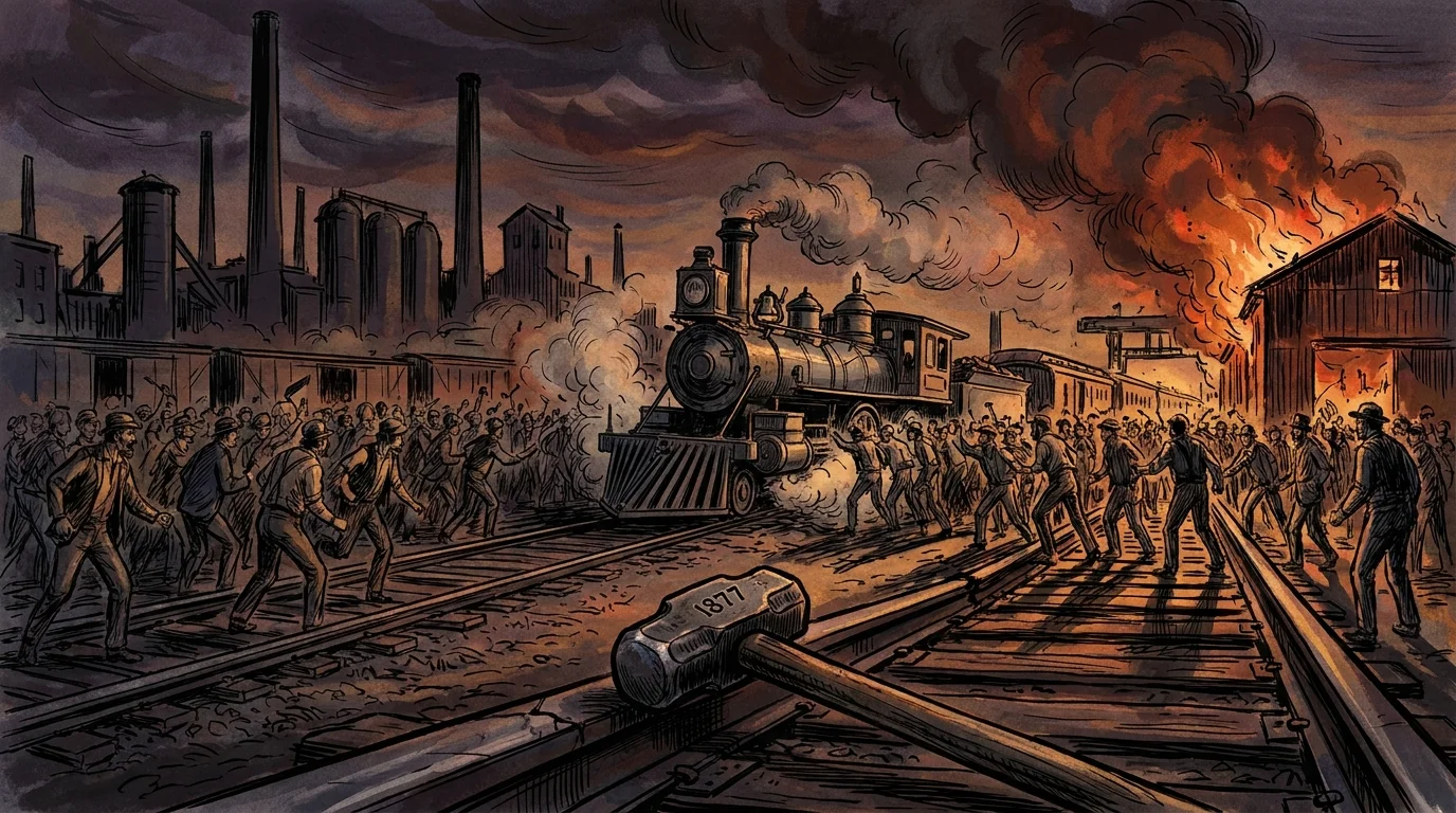 An illustration of a steam locomotive surrounded by strikers and smoke during the Great Railroad Strike of 1877.