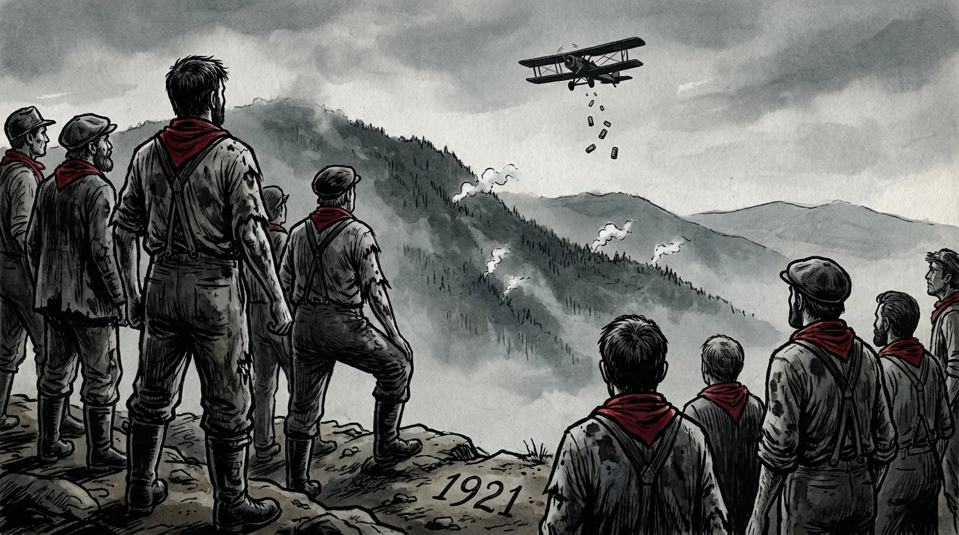 An illustration of coal miners with red bandanas facing Blair Mountain during the 1921 labor war.