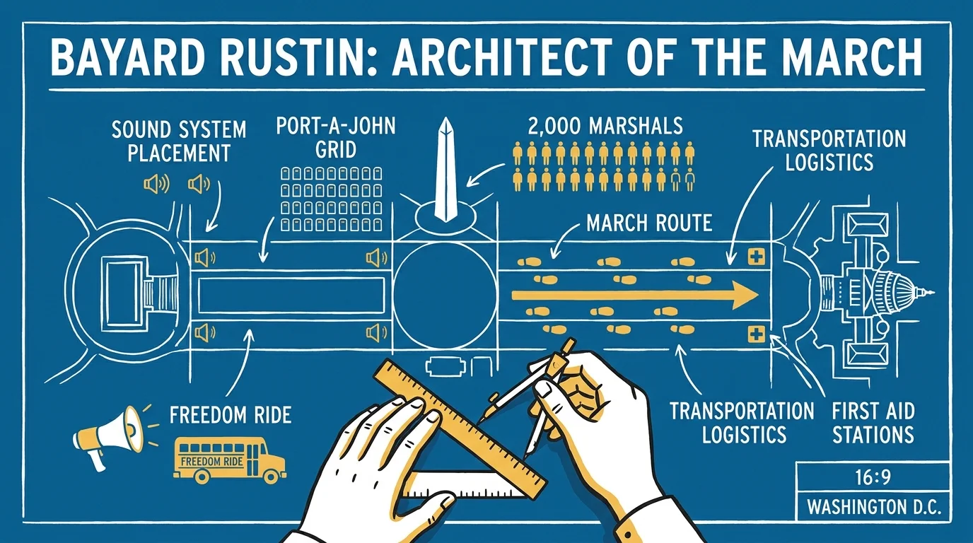 An illustration showing a blueprint of the National Mall with logistical notes for the 1963 March on Washington.