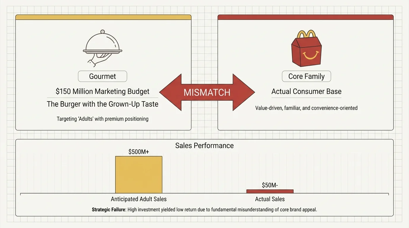 An infographic showing the $150 million mismatch between the Arch Deluxe's adult marketing and McDonald's core family audience.