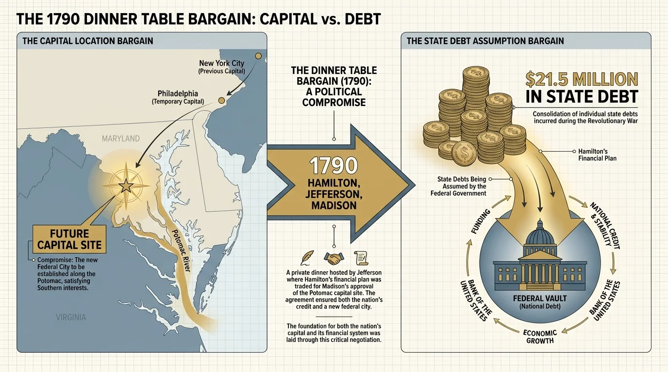 An infographic showing the 1790 bargain between the Potomac capital site and the assumption of $21.5 million in state debt.