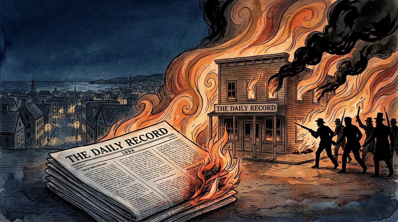 An ink and watercolor illustration of a Black-owned newspaper building in flames during the 1898 Wilmington Coup d'État.