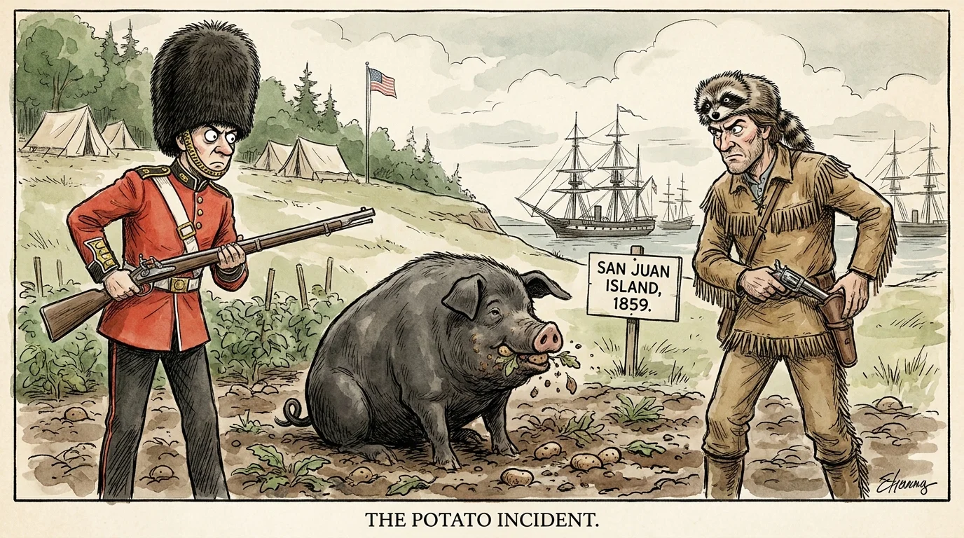 An ink and watercolor illustration of a British soldier and an American settler arguing over a pig on San Juan Island.