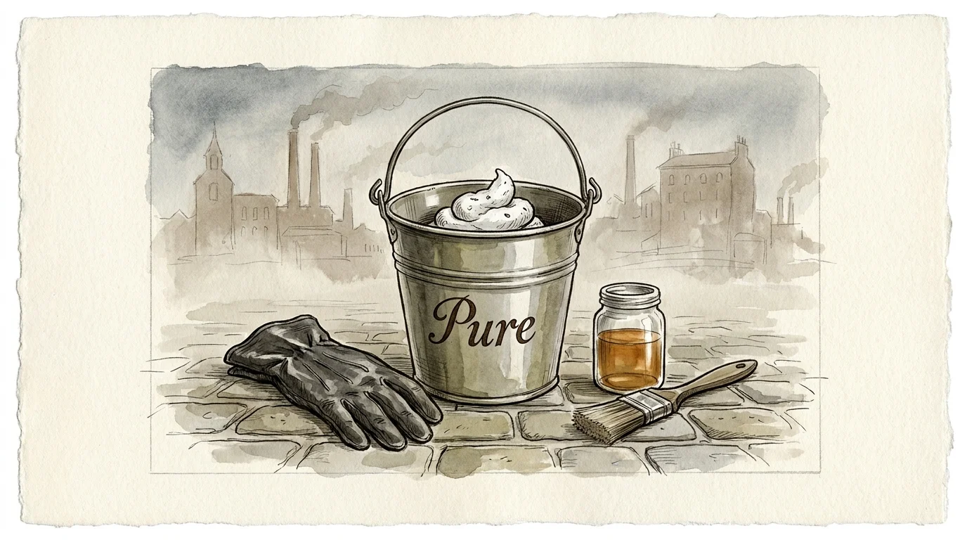 An ink and watercolor illustration of a Victorian scavenger's bucket labeled 'Pure' next to leather tanning tools.