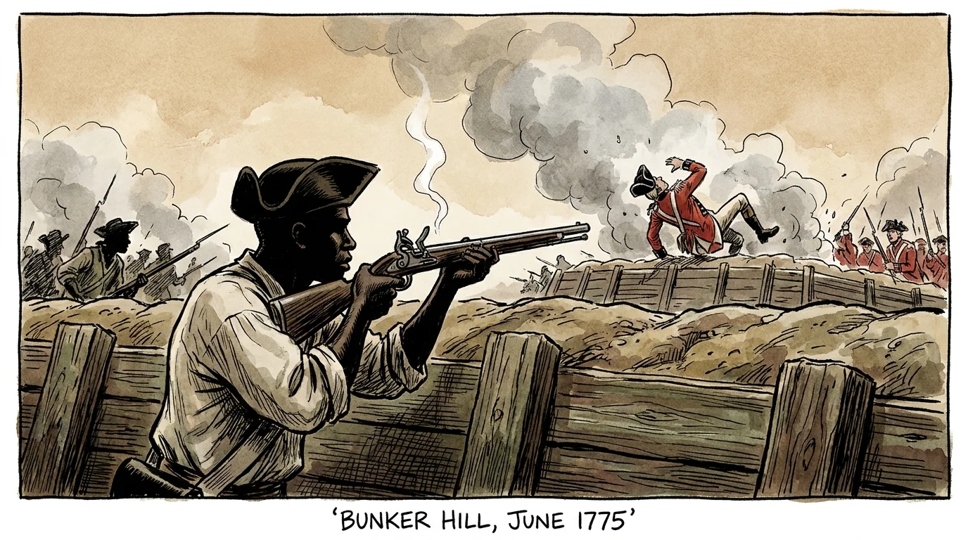 An ink and watercolor illustration of Peter Salem firing his musket at a British officer during the Battle of Bunker Hill.