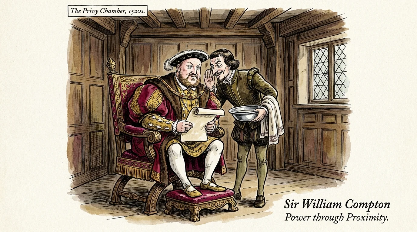 An ink and watercolor illustration showing a Tudor courtier whispering to King Henry VIII in a private chamber.