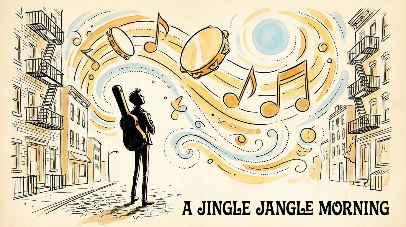 An ink illustration of a musician walking through a landscape of floating, giant musical notes and geometric shapes.