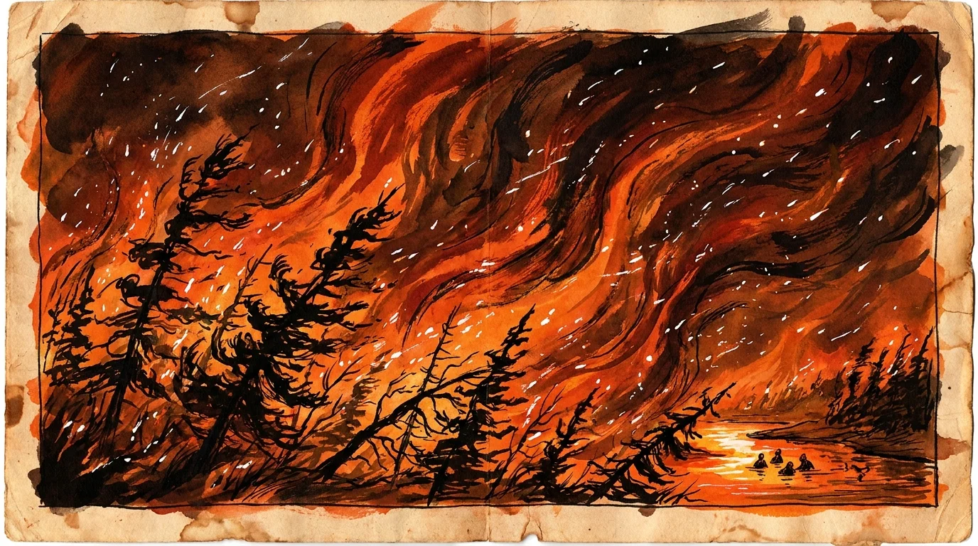 An intense orange and black watercolor illustration of the Peshtigo firestorm consuming a forest.