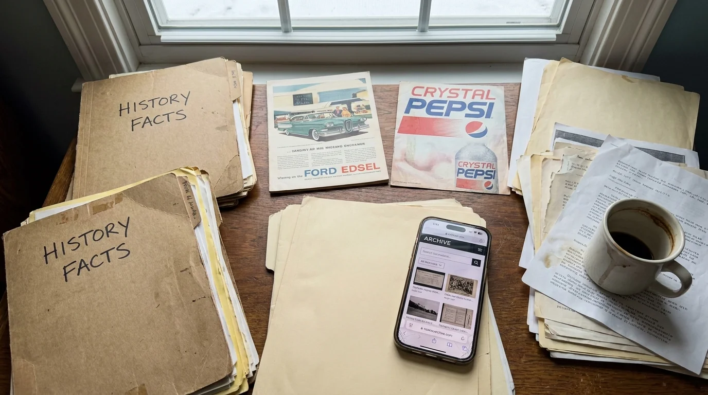 An iPhone-style photo of a researcher's desk with vintage ads and digital records of failed products.