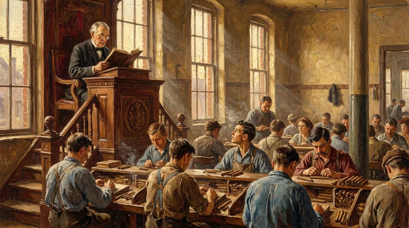 An oil painting of a factory reader on a high wooden platform reading to workers who are rolling cigars in a sunlit room.