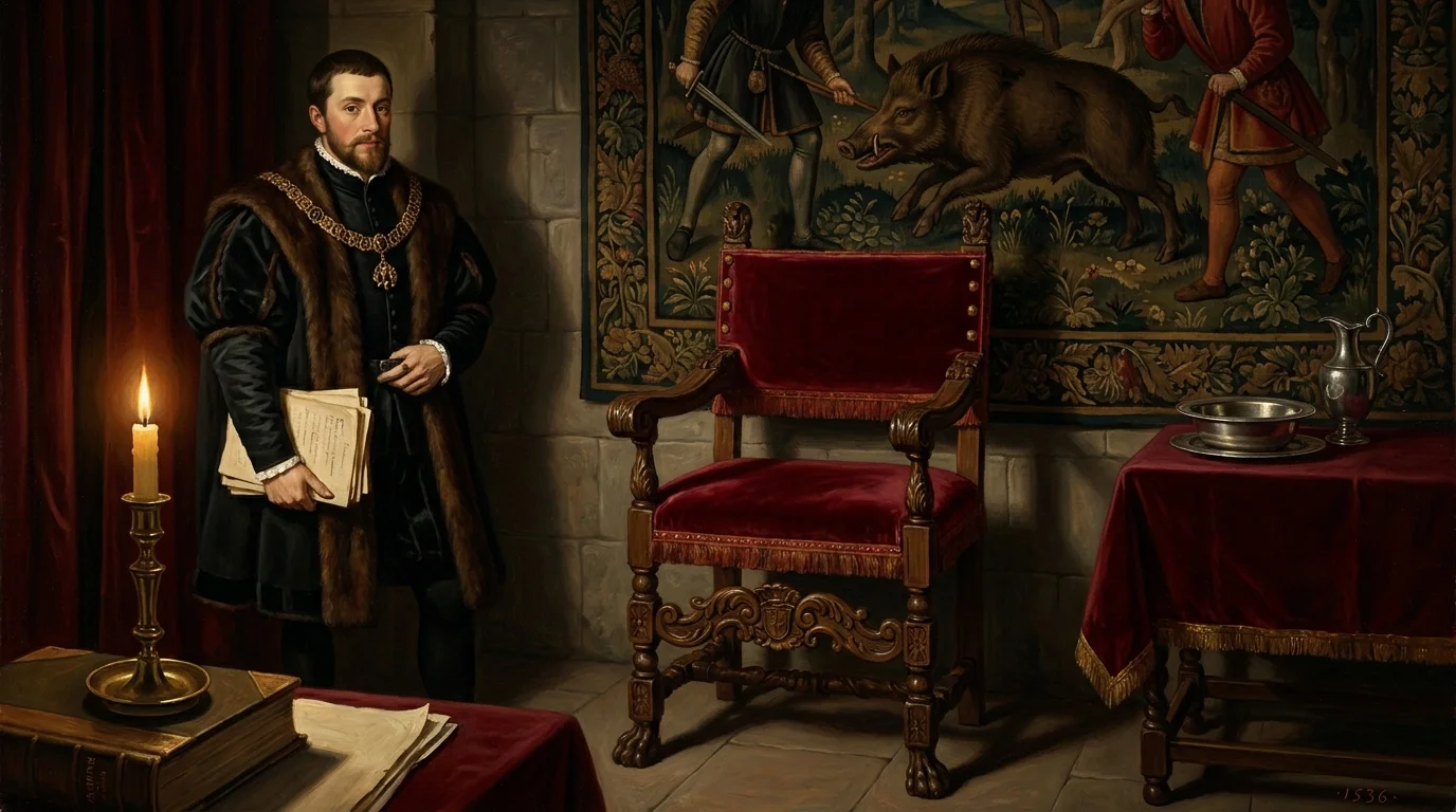 An oil painting of a Tudor-era royal bathroom showing an ornate close stool and a nobleman holding important political documents.