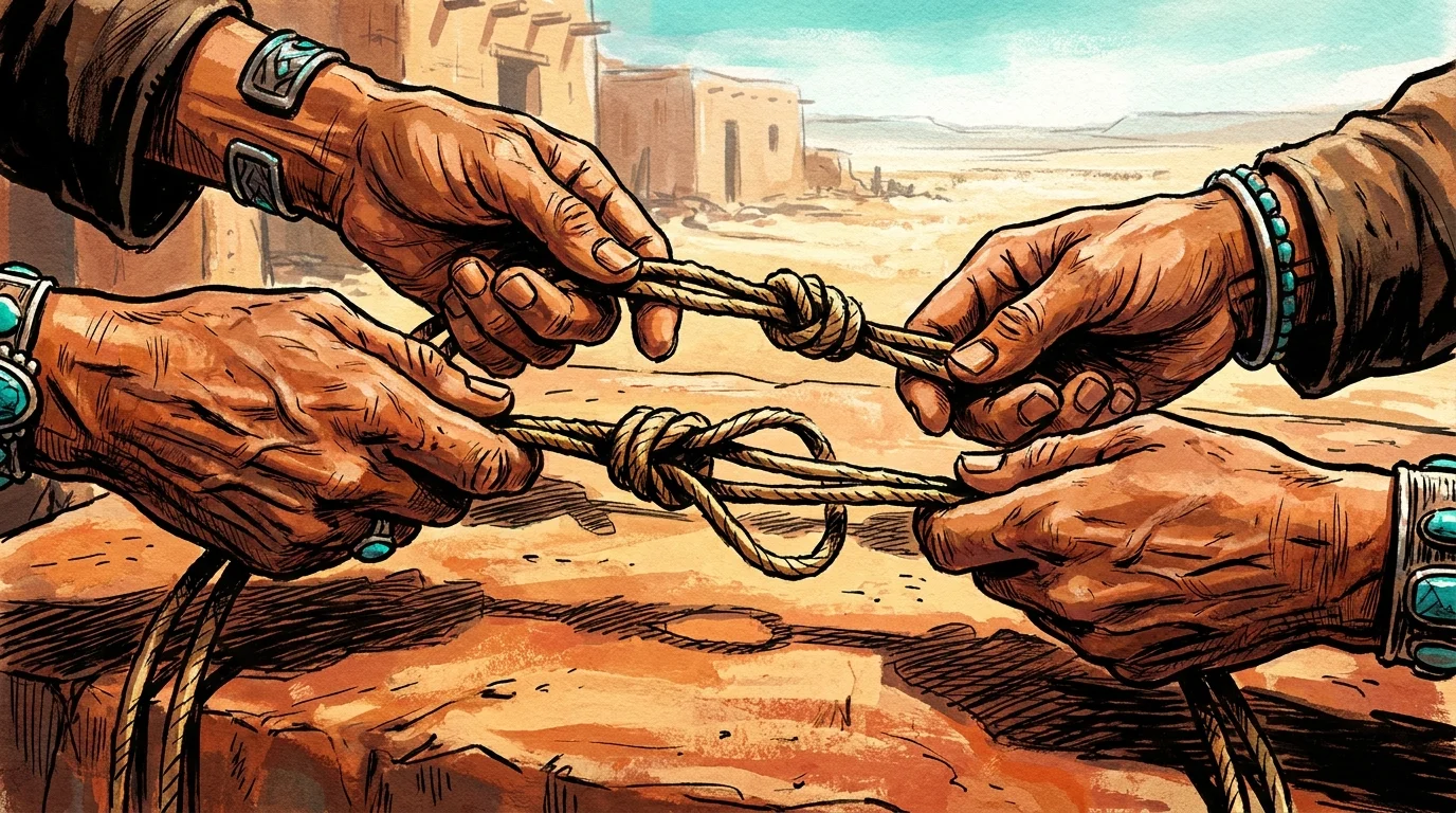 Ink and gouache illustration of hands passing knotted deerskin cords, used to synchronize the 1680 Pueblo Revolt.