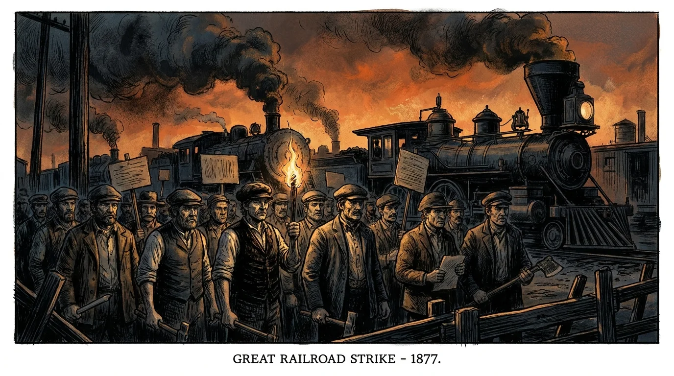 Ink and gouache illustration of railroad workers standing before a burning rail yard during the Great Strike of 1877.