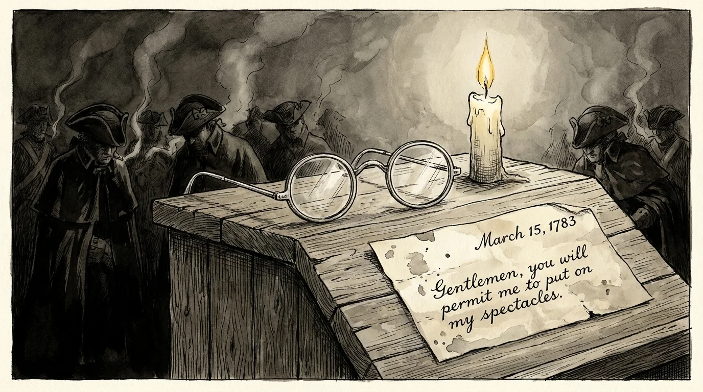 Ink illustration of George Washington's spectacles on a podium, symbolizing his 1783 speech that averted a military coup.
