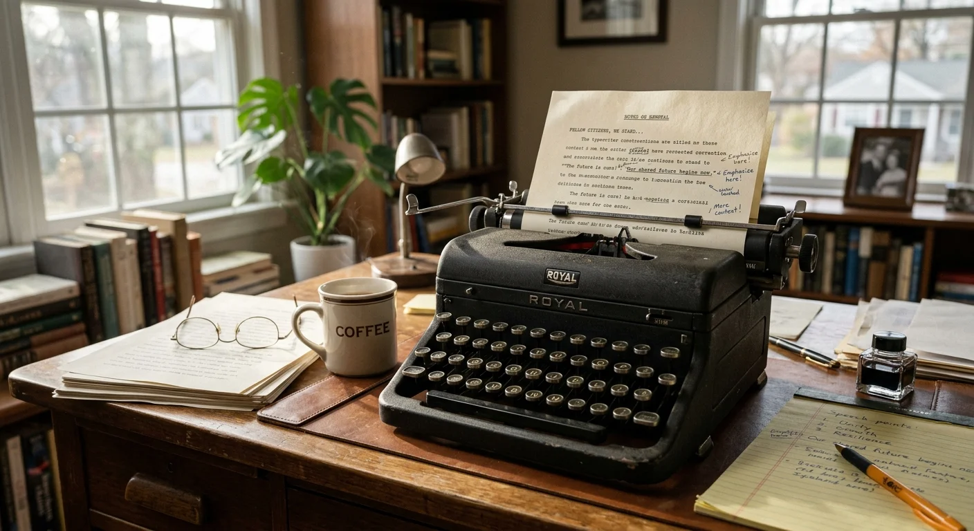 A close-up of a mid-century typewriter with a draft speech, wire glasses, and a steaming coffee mug on a sunlit desk.