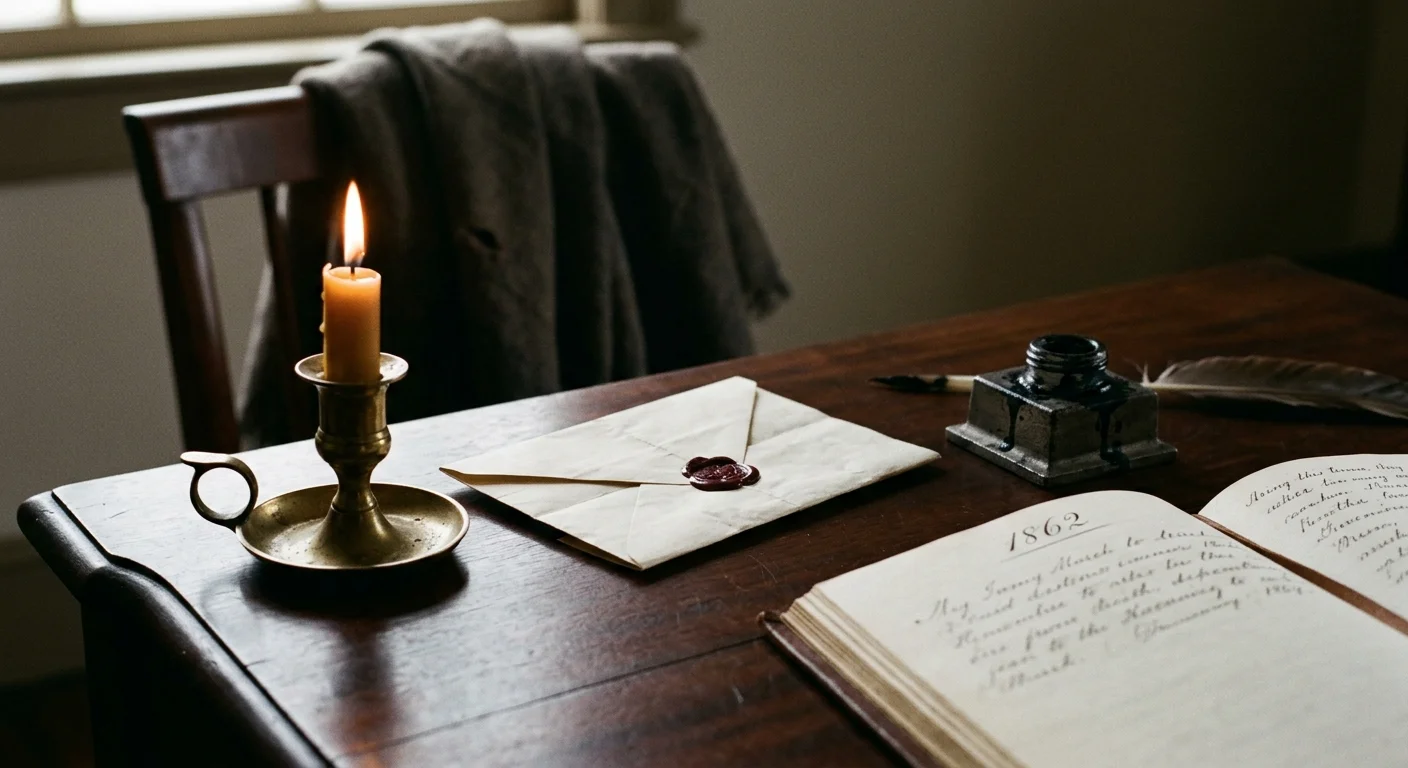 A close-up photo of a candlelit 19th-century writing desk with a sealed letter, an inkwell, and a journal dated 1862.