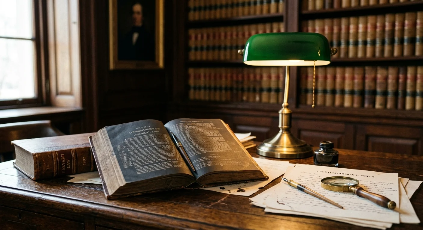 A close-up photo of a late 19th-century desk with a green banker's lamp, open legal books, and a Harvard Law volume.