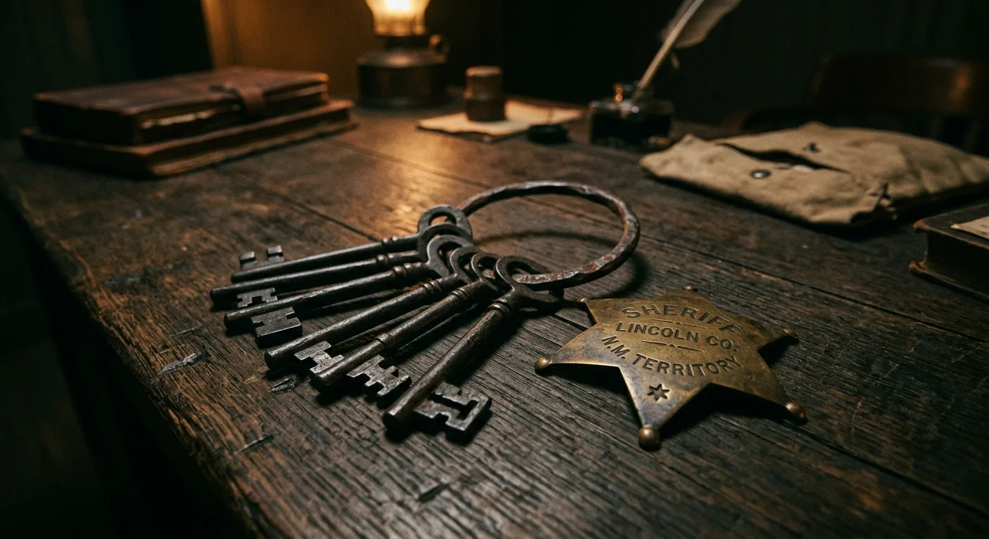 A close-up photograph of a tarnished antique sheriff's badge and a ring of heavy iron keys on a dark wooden desk.